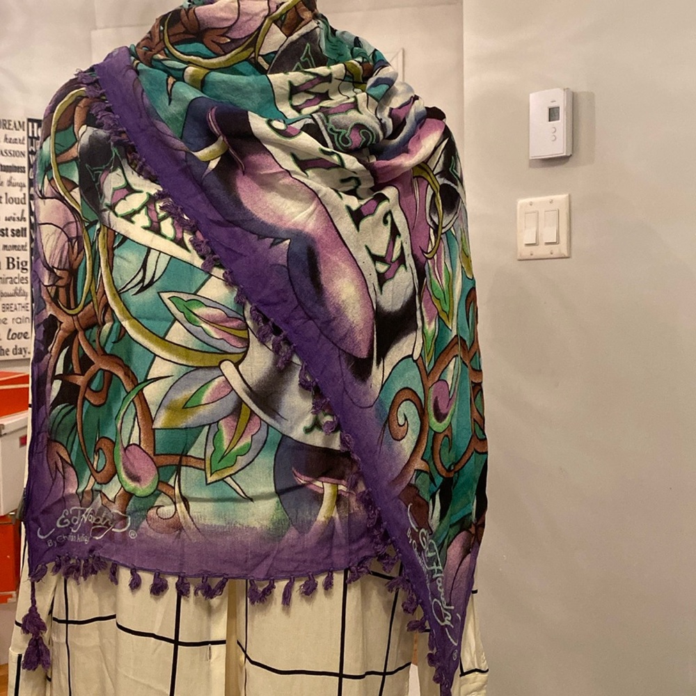 Y2K Ed Hardy by Christian Audigier - “love kills slowly” skulls Scarf wrap